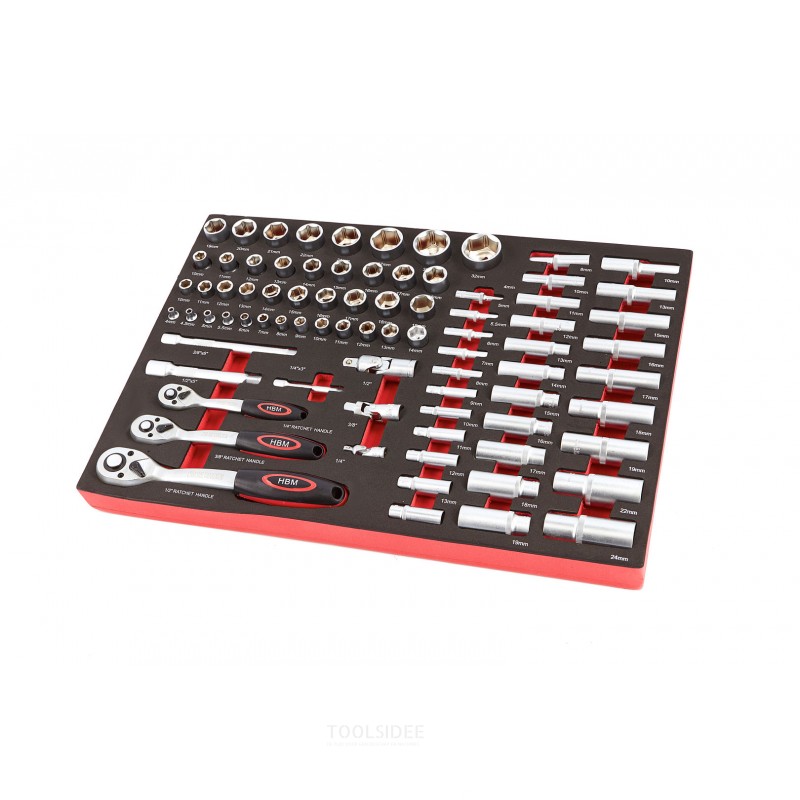 HBM professional 80-piece ¼ ”, 3/8” and 1/2 socket set foam inlay for HBM tool trolley