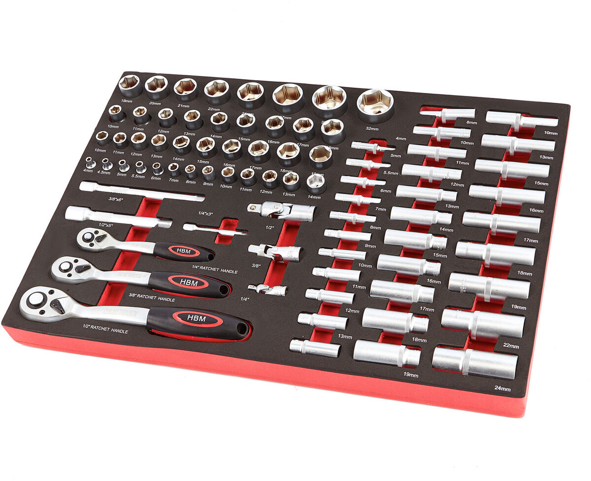 HBM Professional 80 Stykke ¼ , 3/8 og 1/2 Skuminnlegg sokkel sett for HBM Tool trolley HBM Professional 80 Stykke ¼ , 3/8 og 1/2 Skuminnlegg sokkel sett for HBM Tool trolley