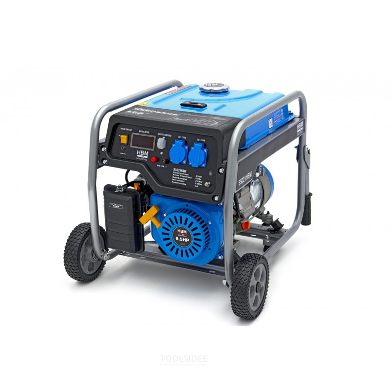 HBM Generator, Aggregate 2,6Kw, 200cc OHV benzinmotor med digitalt måler og hjulsæt