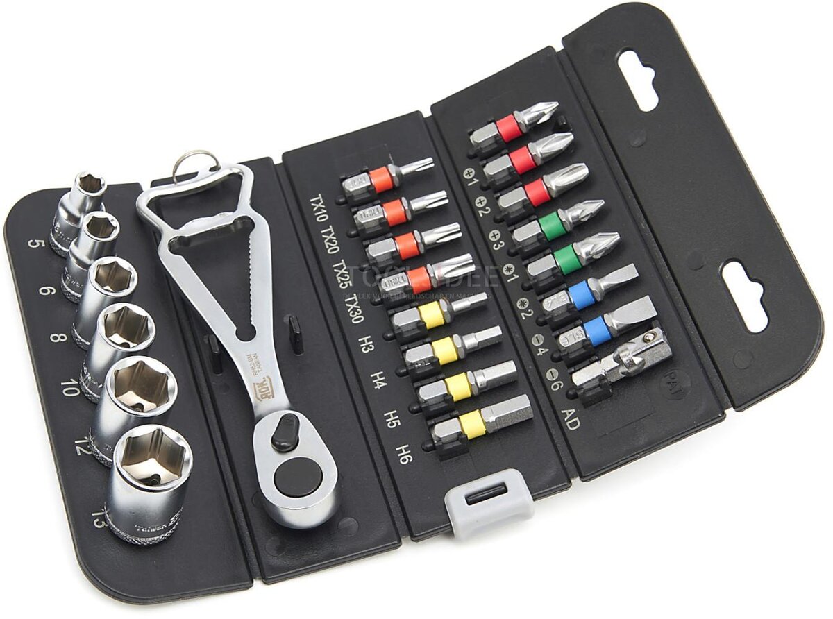AOK 23 Piece Professional Socket Set and Bit Set with Ratchet in handy storage pouch