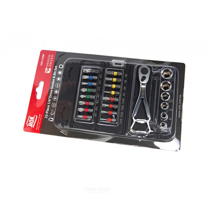 AOK 23 Piece Professional Socket Set and Bit Set with Ratchet in handy storage pouch