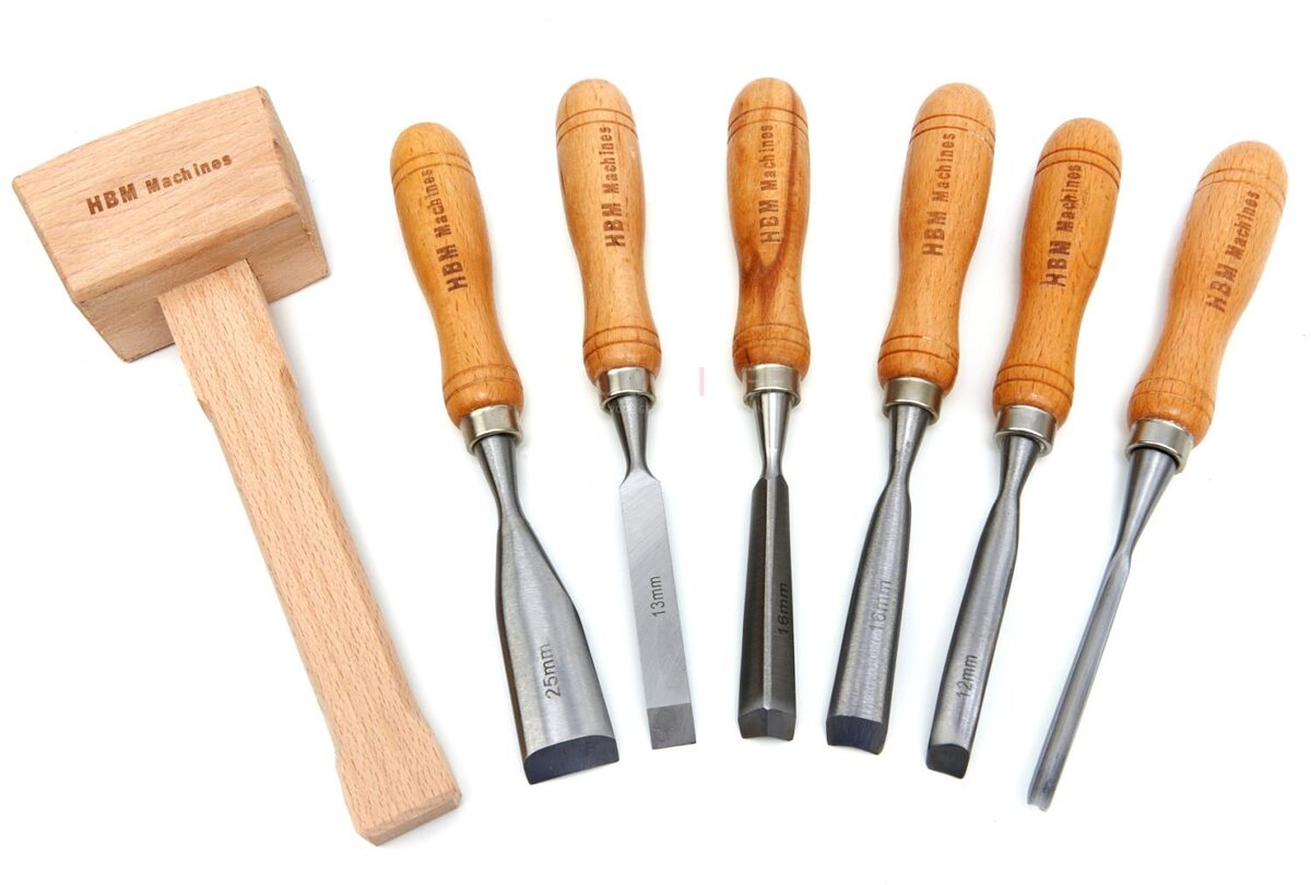 HBM 7-teiliger Hohlmeißel-Satz, inklusive Holzhammer 215 mm