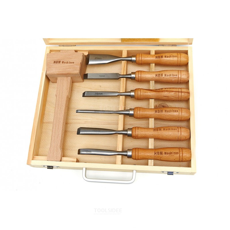 Set di sgorbie HBM da 7 pezzi, set di scalpelli con martello in legno da 215 mm