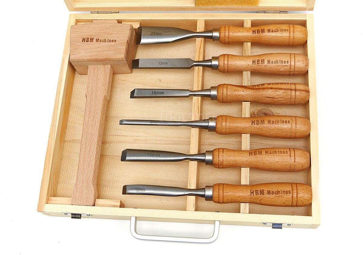 HBM 7-teiliger Hohlmeißel-Satz, inklusive Holzhammer 215 mm