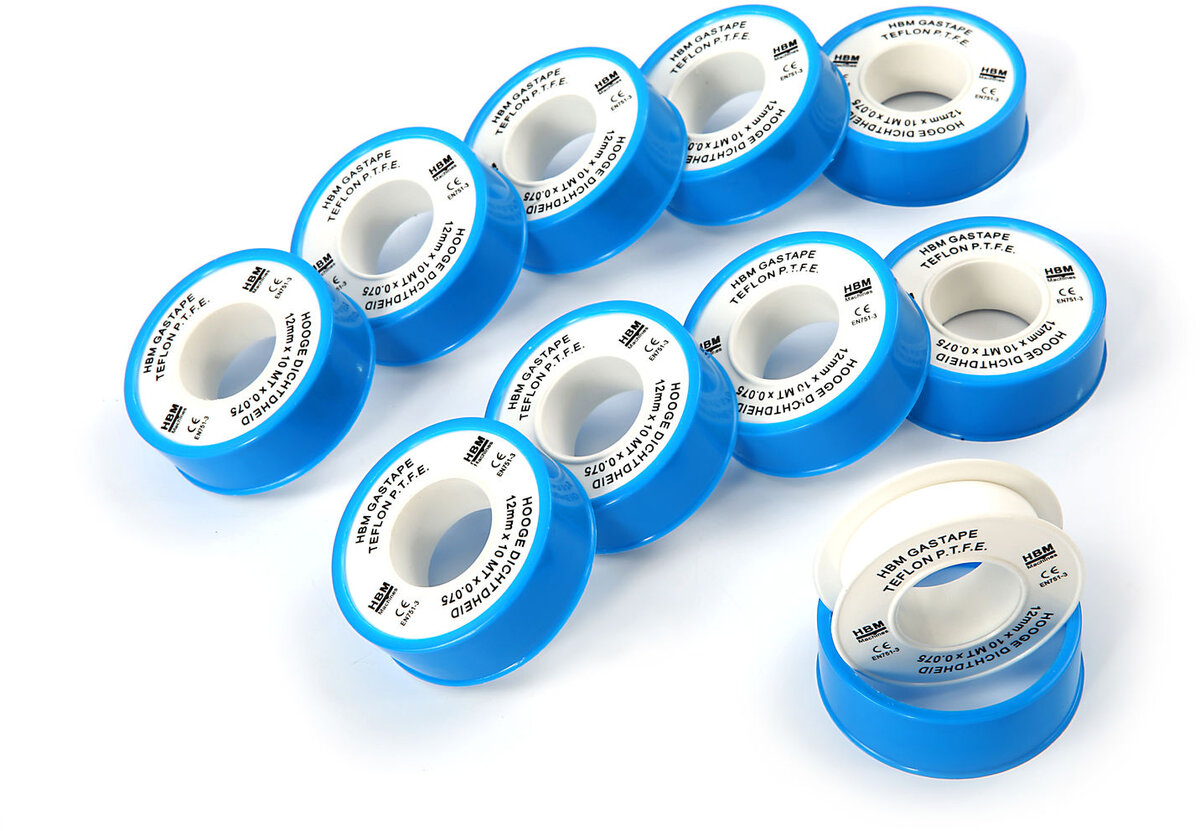 HBM Teflon / Gastape 12 mm x 0.075 mm x 10 meter x 0.35 Gram. Verpakt per 10 stuks.