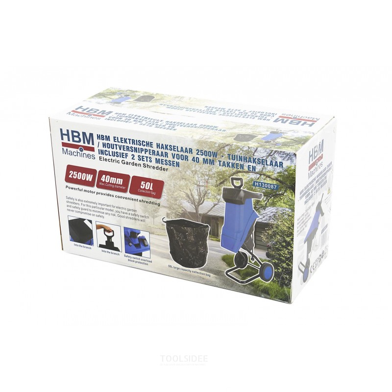 Trituradora eléctrica HBM 2500W - Trituradora de jardín / Astilladora para ramas de 40 mm e incluye 2