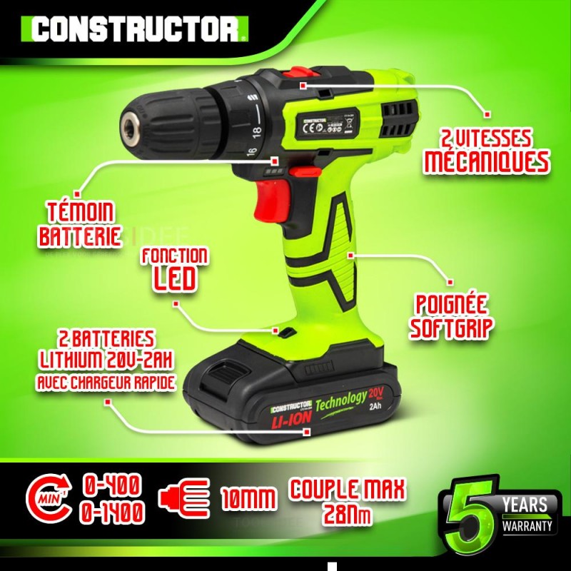 CONSTRUCTOR Drill variable speed lithium 20V 2 batteries