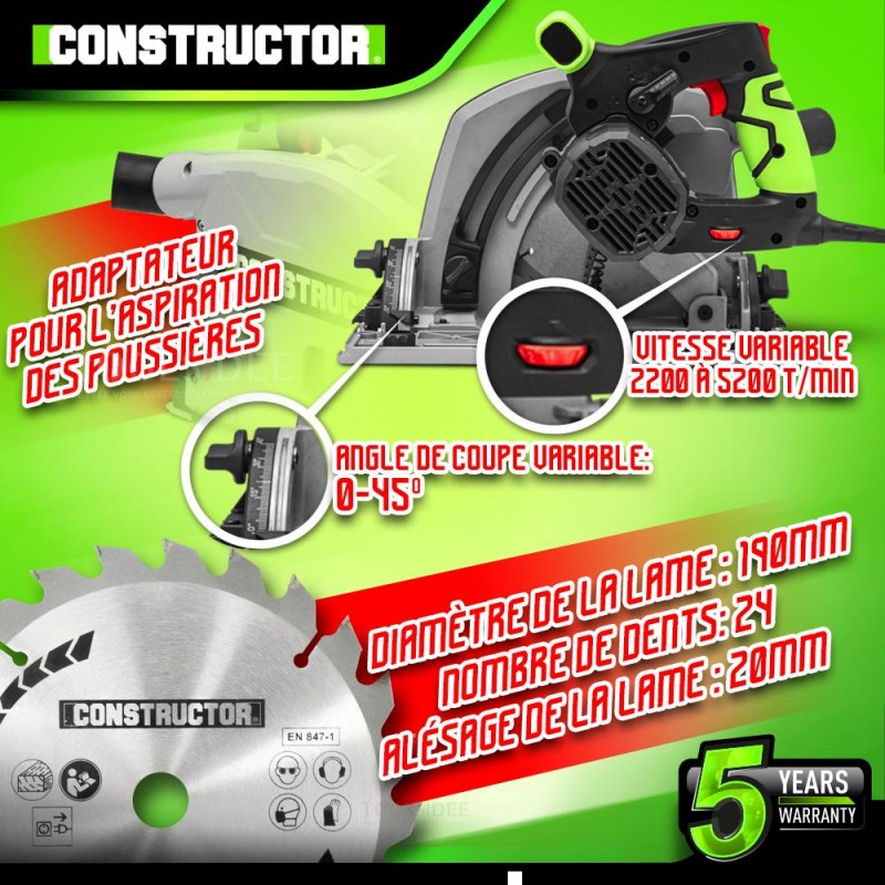 CONSTRUCTOR Plunge circular saw with guide system 1400 W