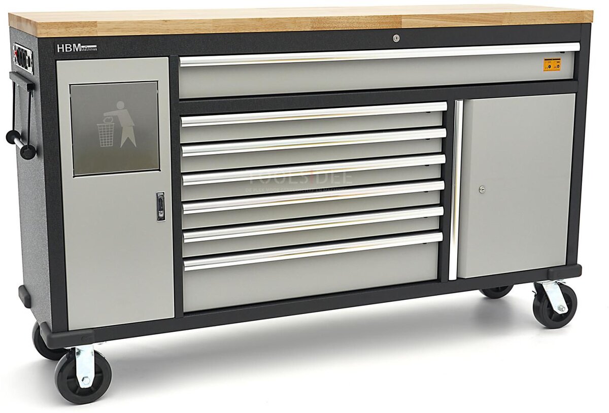 HBM 168 cm. Professional Mobile Tool Trolley, Workbench With Solid Wood Worktop