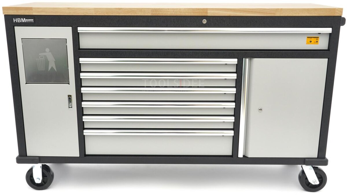 HBM 168 cm. Professional Mobile Tool Trolley, Workbench With Solid Wood Worktop
