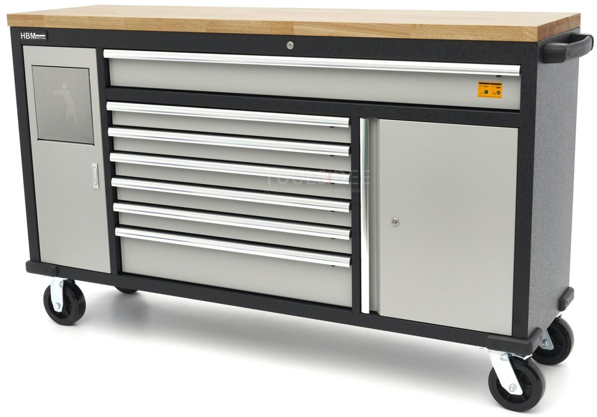 HBM 168 cm. Professional Mobile Tool Trolley, Workbench With Solid Wood Worktop