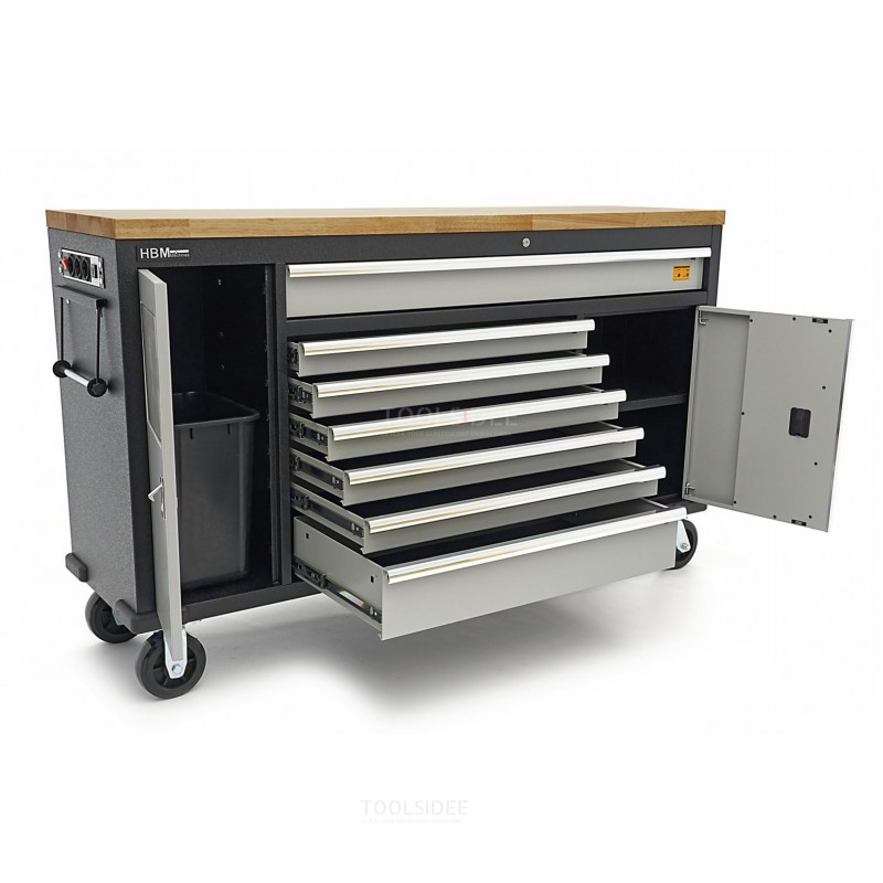 HBM 168 cm. Professional Mobile Tool Trolley, Workbench With Solid Wood Worktop