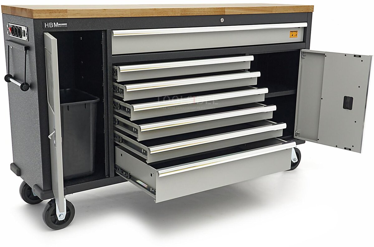 HBM 168 cm. Professional Mobile Tool Trolley, Workbench With Solid Wood Worktop