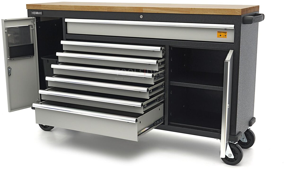 HBM 168 cm. Professional Mobile Tool Trolley, Workbench With Solid Wood Worktop
