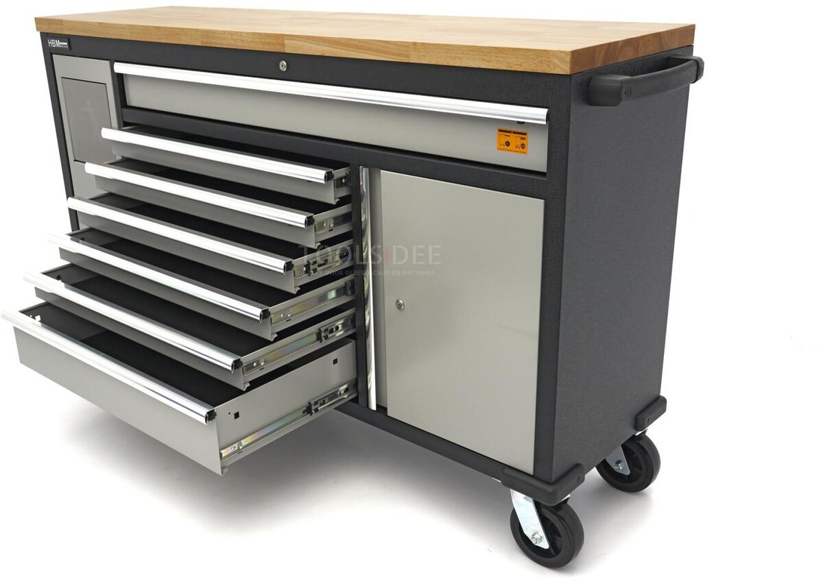 HBM 168 cm. Professional Mobile Tool Trolley, Workbench With Solid Wood Worktop
