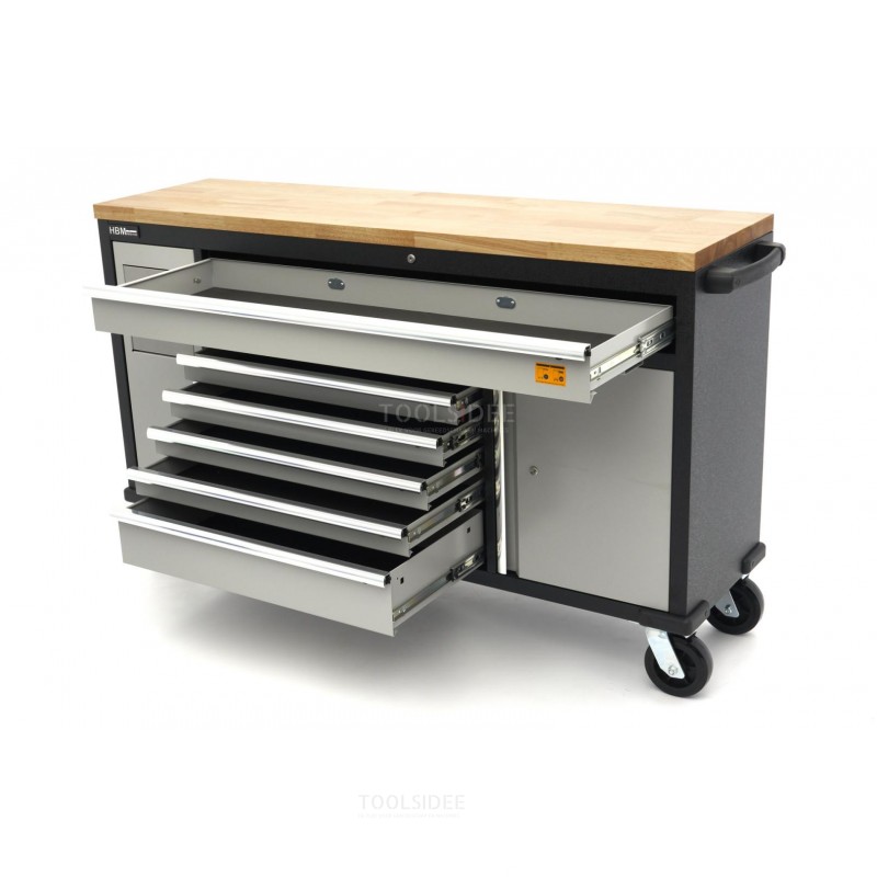 HBM 168 cm. Professional Mobile Tool Trolley, Workbench With Solid Wood Worktop
