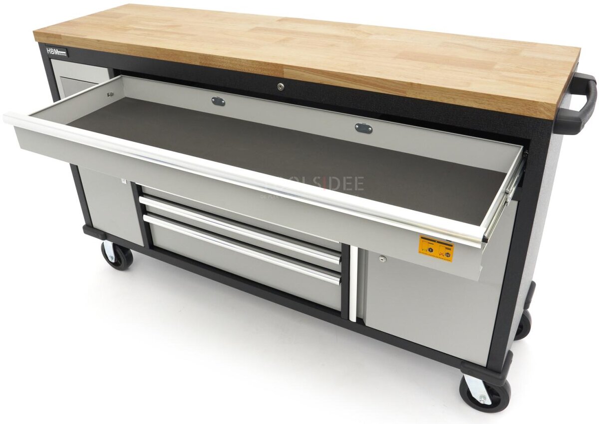 HBM 168 cm. Professional Mobile Tool Trolley, Workbench With Solid Wood Worktop