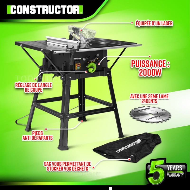 CONSTRUCTOR Circular saw table 2000W - 254 mm with laser + 2 saw blades