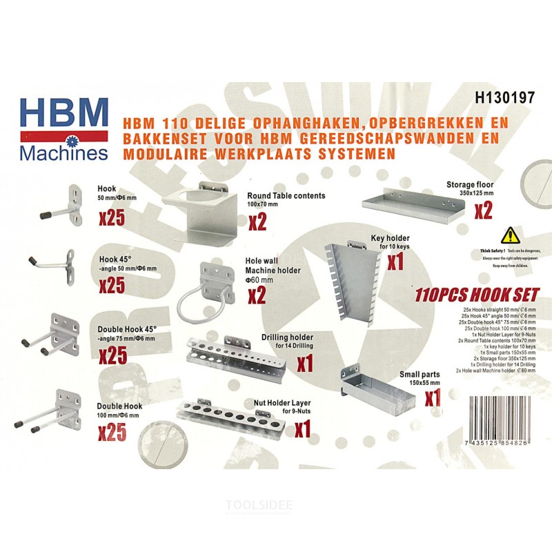 HBM 110 stykke hengekroker, oppbevaringsstativer og søppelsett for HBM verktøyvegger og modulverksted