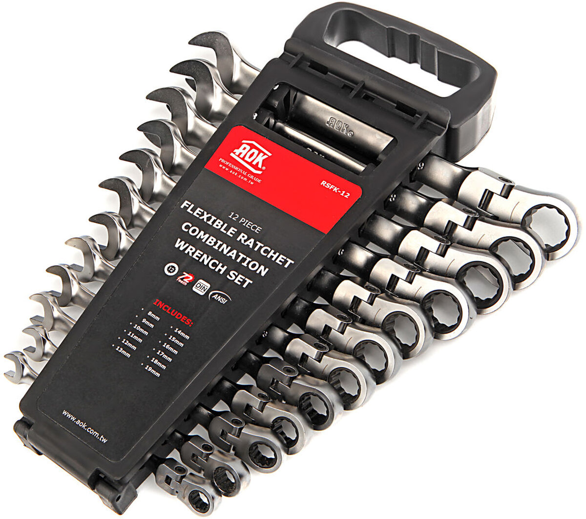 AOK 12-delt professionel vippering, skralde, nøglesæt med åben ende
