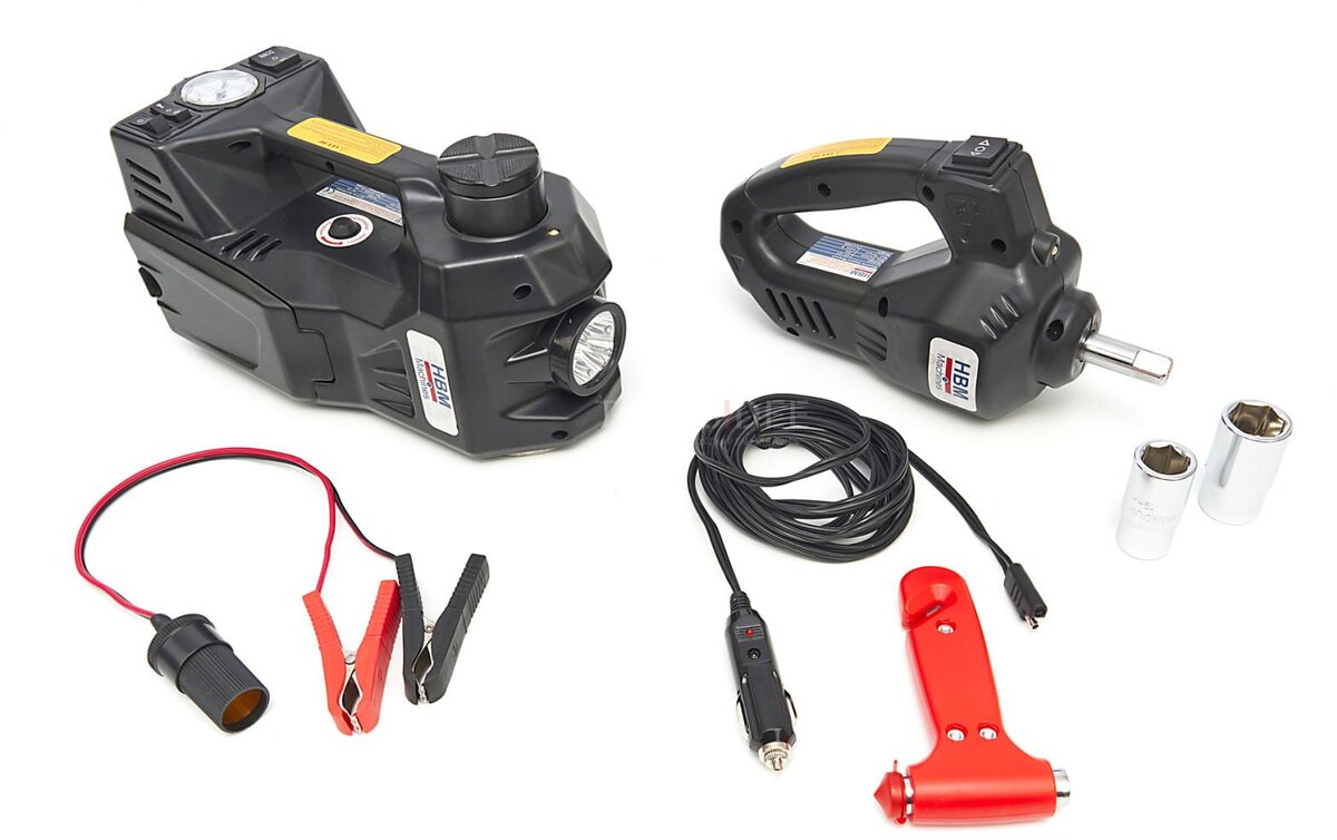 HBM elektrisk 12 volt 3 tonns biljack med LED-belysning inkludert slagnøkkel 12 volt i hånden