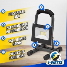 I-WATTS Lámpara de obra recargable LED 10W
