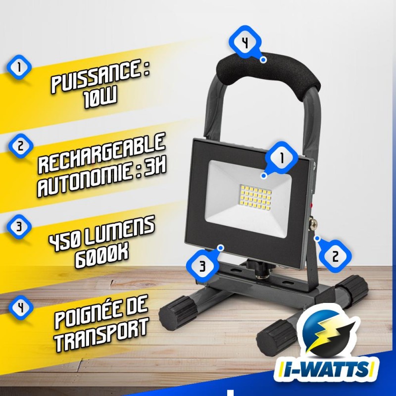 I-WATTS Lámpara de obra recargable LED 10W