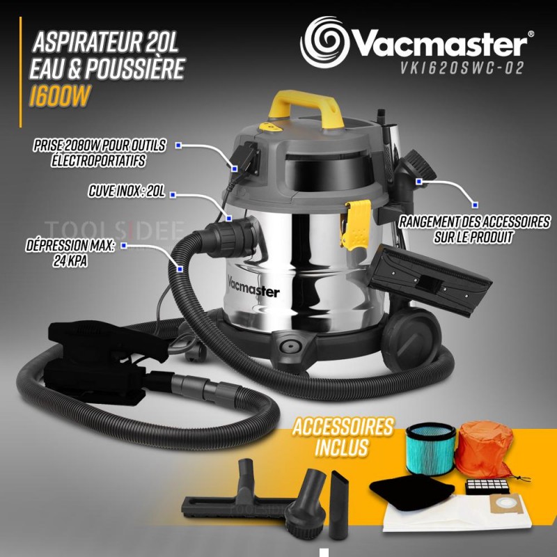 VACMASTER Aspirateur Eau/Pression/Aspirateur 1600 W Inox