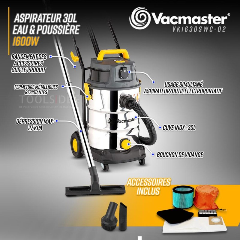 VACMASTER Aspirateur Eau/Pression/Aspirateur 1600W 30L Inox