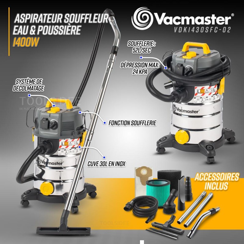 VACMASTER Water/Pressure/Vacuum Vacuum Cleaner 1400W 30L Stainless Steel