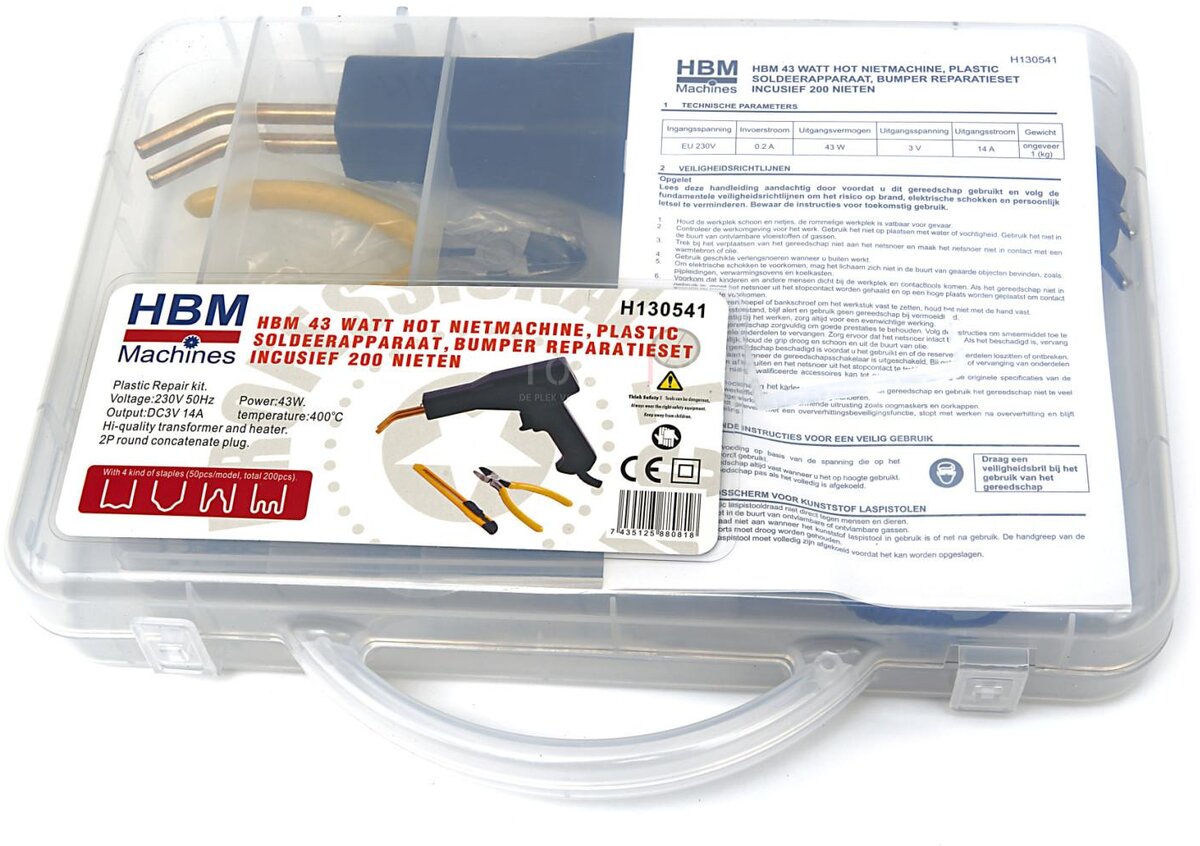 HBM 43 Watt Hot Nietmachine, Plastic Soldeerapparaat, Bumper Reparatieset Inclusief 200 Nieten 