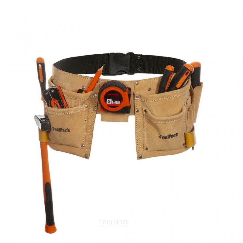 tp; universal tool belt, 2 fixed holsters, tape measure & hammer holder, suede, adjustable carrying strap