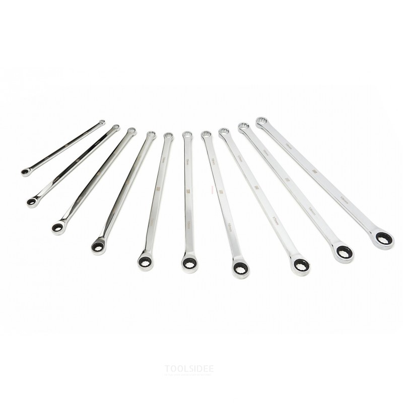 HBM Set di chiavi ad anello professionali extra lunghe da 10 pezzi con testa fissa e funzione a cricchetto 8 - 19 mm
