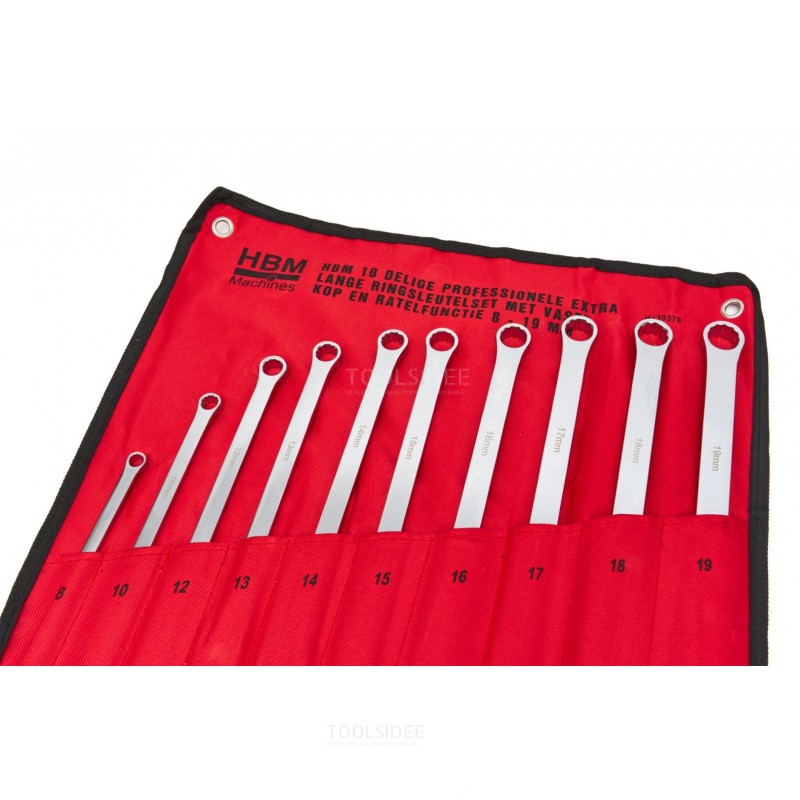 HBM 10 Piece Professional Extra Long Ring Wrench Set with Fixed Head and Ratchet Function 8 - 19 mm