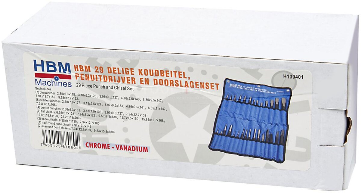 HBM 29-piece cold chisel, pen extruder and punch set HBM 29-piece cold chisel, pen extruder and punch set