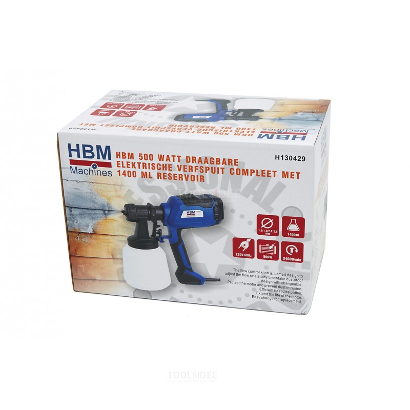 HBM Pulvérisateur de peinture électrique portable de 500 watts avec réservoir de 1400 ml
