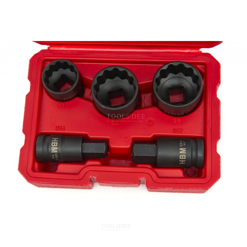 HBM 5 Piece 12 Point Force Drive Shaft Socket Set, Mounting Set With 1/2 Inch Recording for VAG