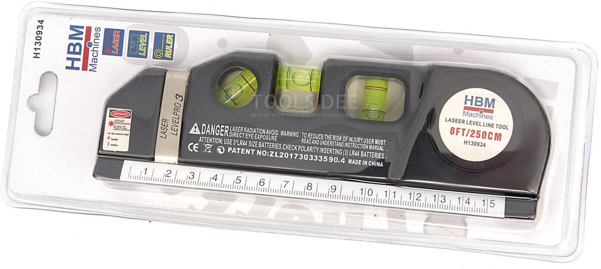 HBM spirit level with laser and integrated tape measure 250 cm