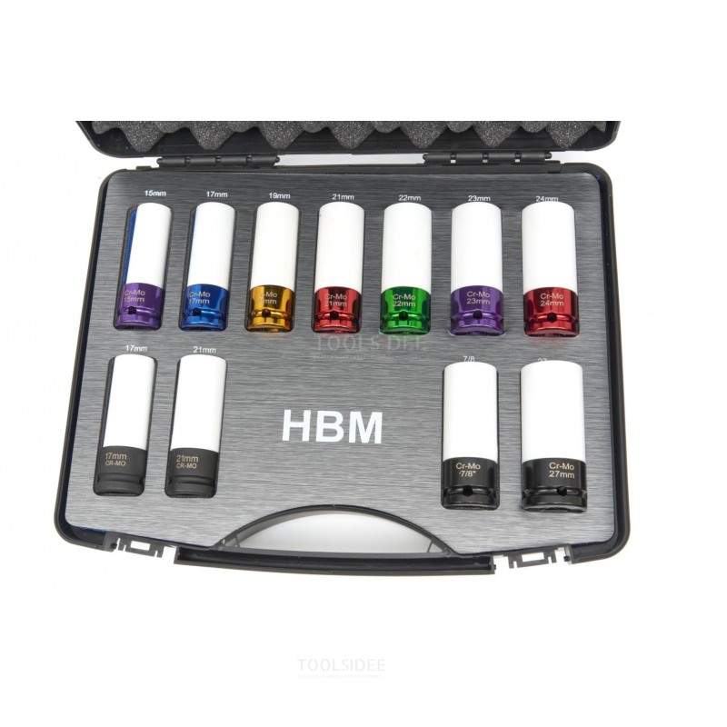 HBM long impact socket set with protective caps 11 pieces, 1/2 inch