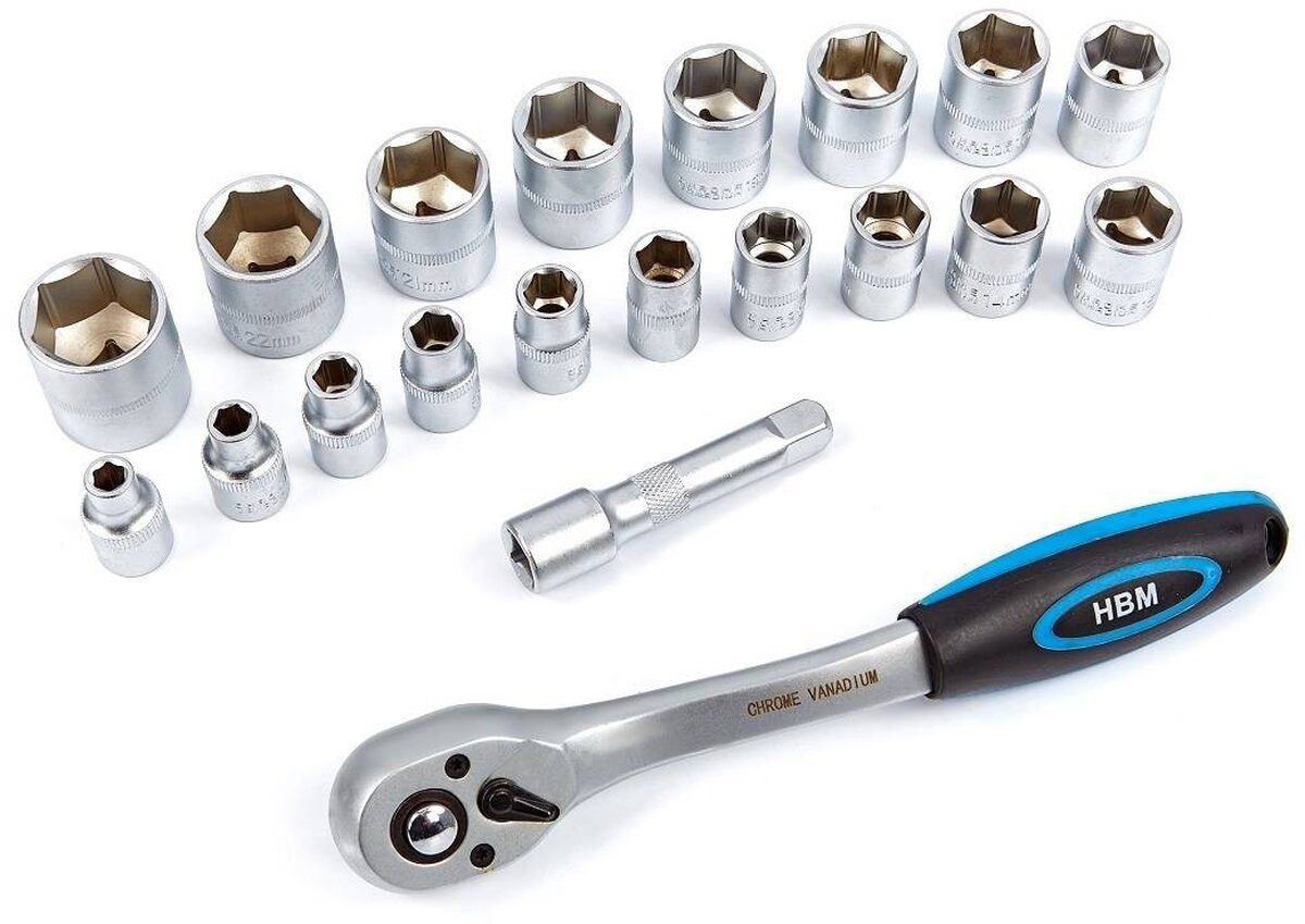 HBM 1/4 professional ratchet including 20 caps and extension