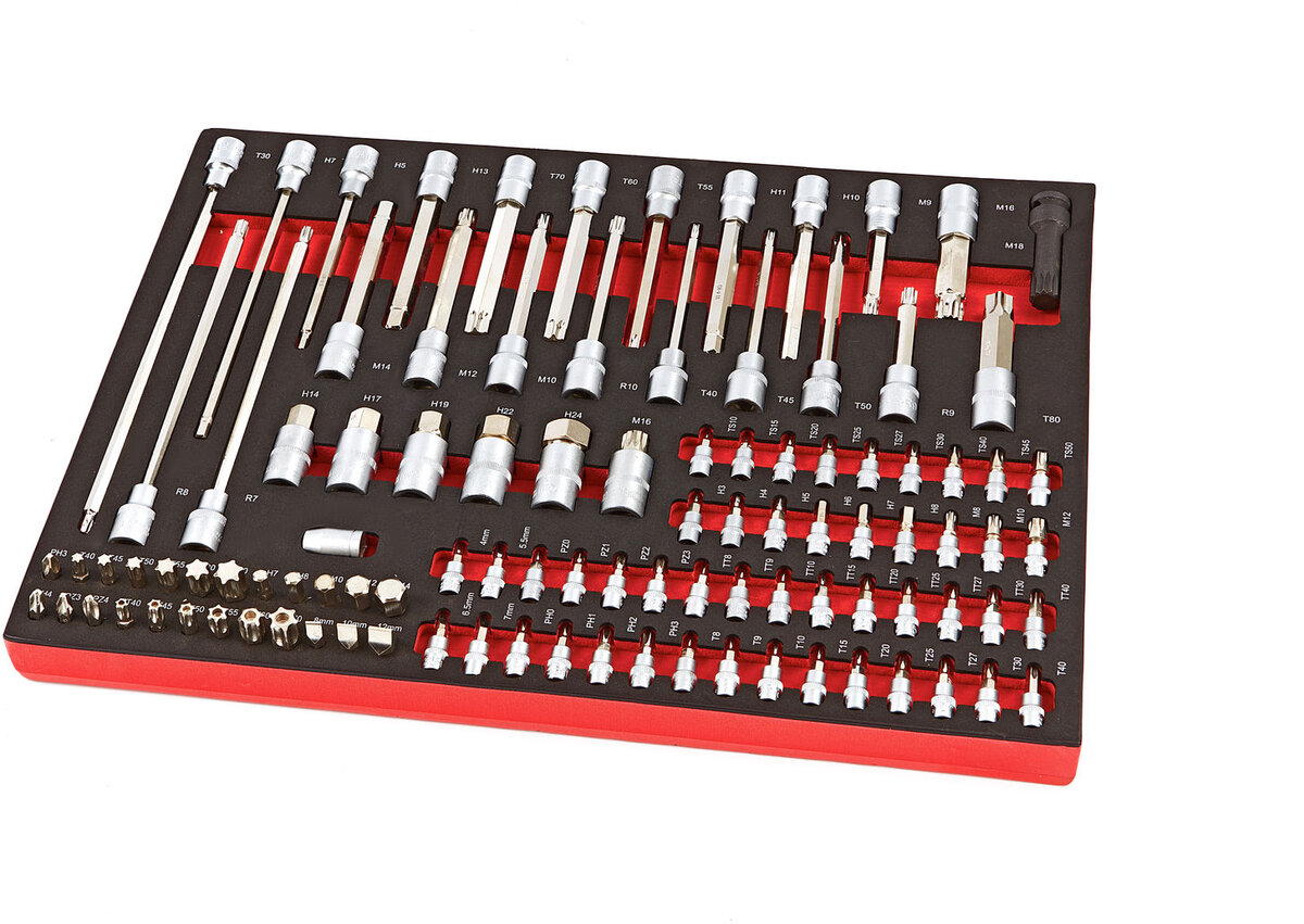 Hbm professionell 102-delad hex-, torx-, hex-, ribbsockeluppsättning skuminlägg för hbm-verktygsvagn