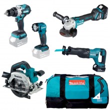 Set combinato batteria Makita 5 in 1, trapano, sega circolare, sega alternativa, smerigliatrice angolare, torcia elettrica 18 Vo