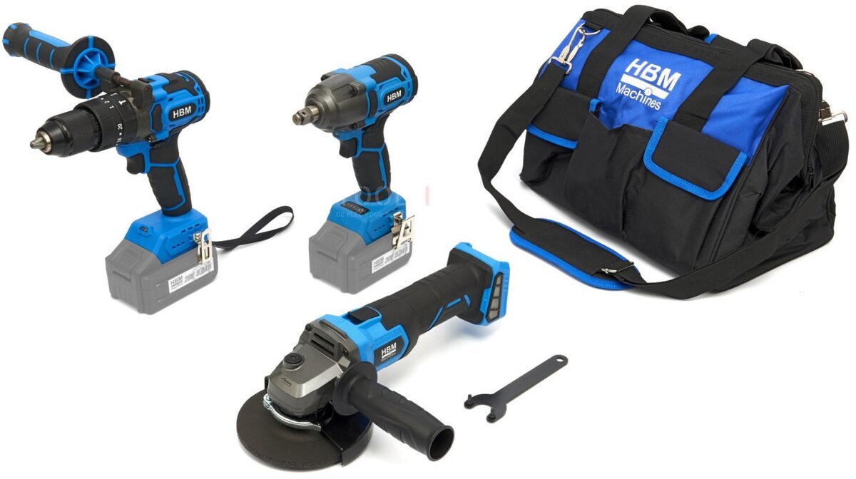 HBM batteri kombinationssæt, vinkelsliber, slagnøgle, boremaskine 20 Volt Power20.5 HBM batteri kombinationssæt, vinkelsliber, slagnøgle, boremaskine 20 Volt Power20.5