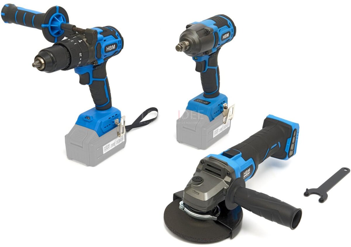 HBM batteri kombinationssæt, vinkelsliber, slagnøgle, boremaskine 20 Volt Power20.5 HBM batteri kombinationssæt, vinkelsliber, slagnøgle, boremaskine 20 Volt Power20.5