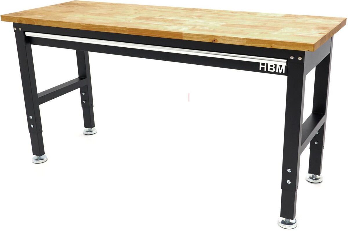 HBM høydejusterbar arbeidsbenk med heltre benkeplate og skuff 152 cm 