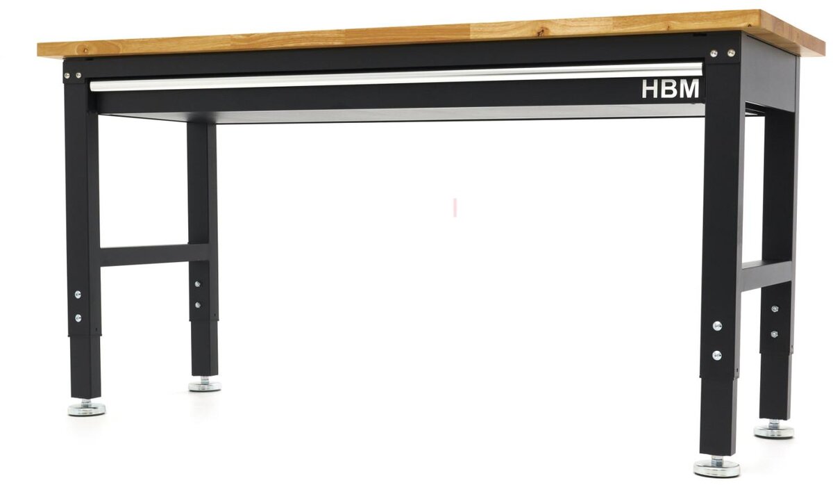 HBM høydejusterbar arbeidsbenk med heltre benkeplate og skuff 152 cm 