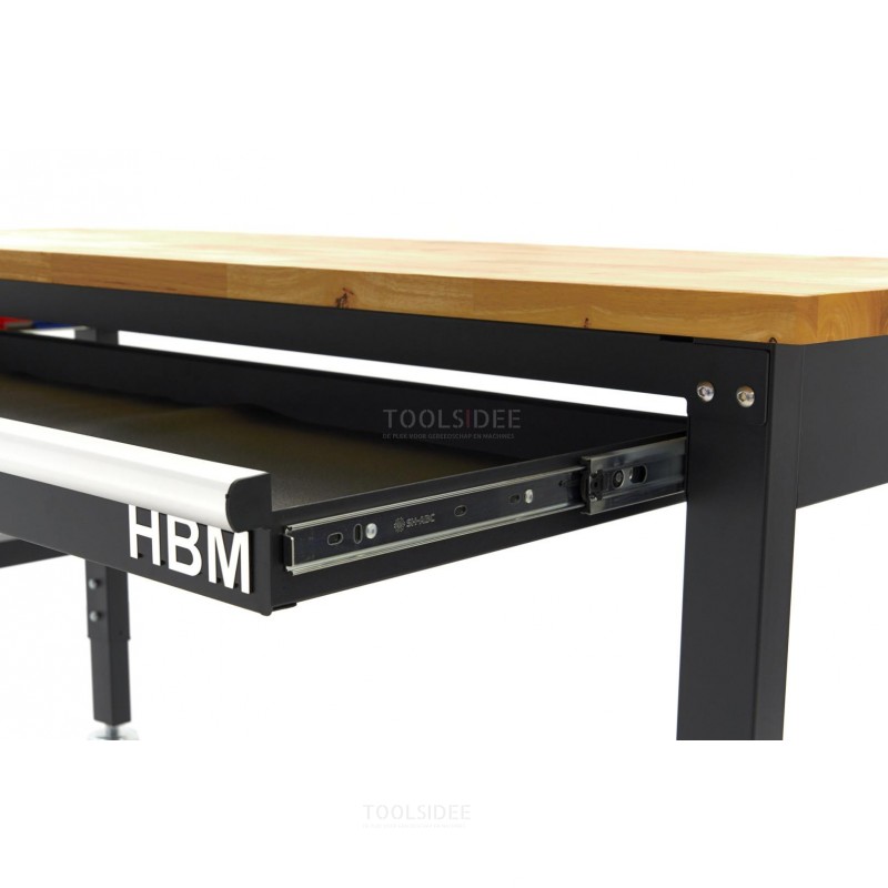 HBM højdejusterbart arbejdsbord med massiv træbordplade og skuffe 152 cm 