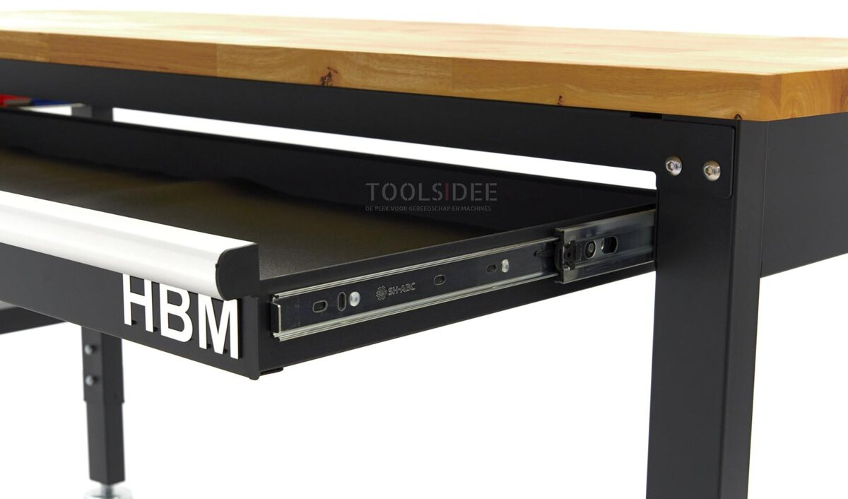 HBM høydejusterbar arbeidsbenk med heltre benkeplate og skuff 152 cm 