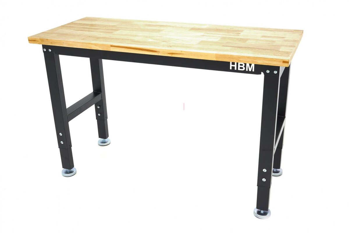 HBM arbeidsbenk med massiv treplate, høydejusterbar, 122 cm 