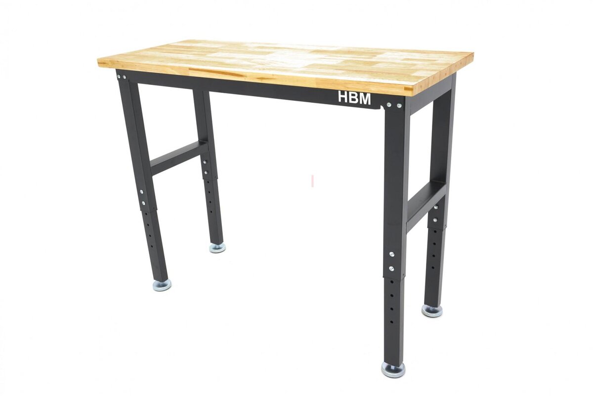 HBM arbeidsbenk med massiv treplate, høydejusterbar, 122 cm 
